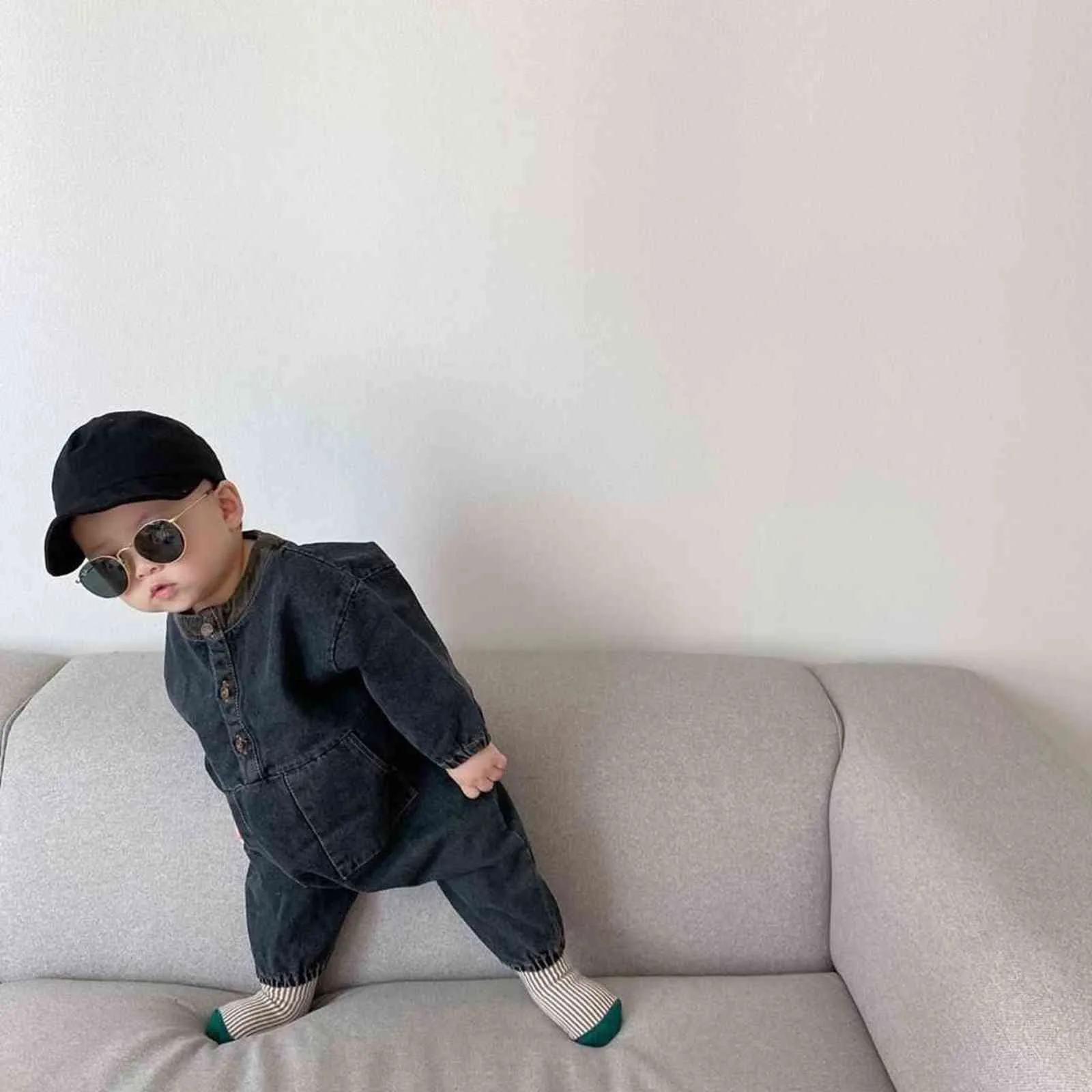 Autunno Inverno Toddler Boy Abbigliamento Bambini Neonata Pagliaccetto di jeans Tuta a maniche lunghe Tutina Outfit Set 211101