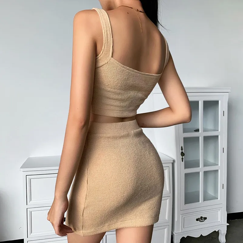 Ezgaga Two Piece Set Women Square Neck Crop Top and Ribbed Skirt Knitted Sleeveless Ladies Sexy Bodycon Solid Tracksuits 210430