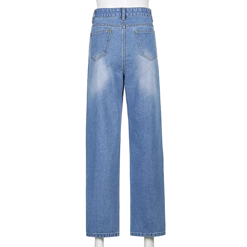 Blue Number Imprimir Straight Y2K Jeans para Meninas Femininas Femininas Moda Denim Calças Vintage Cintura Alta Cintura Harajuku Capris 210510