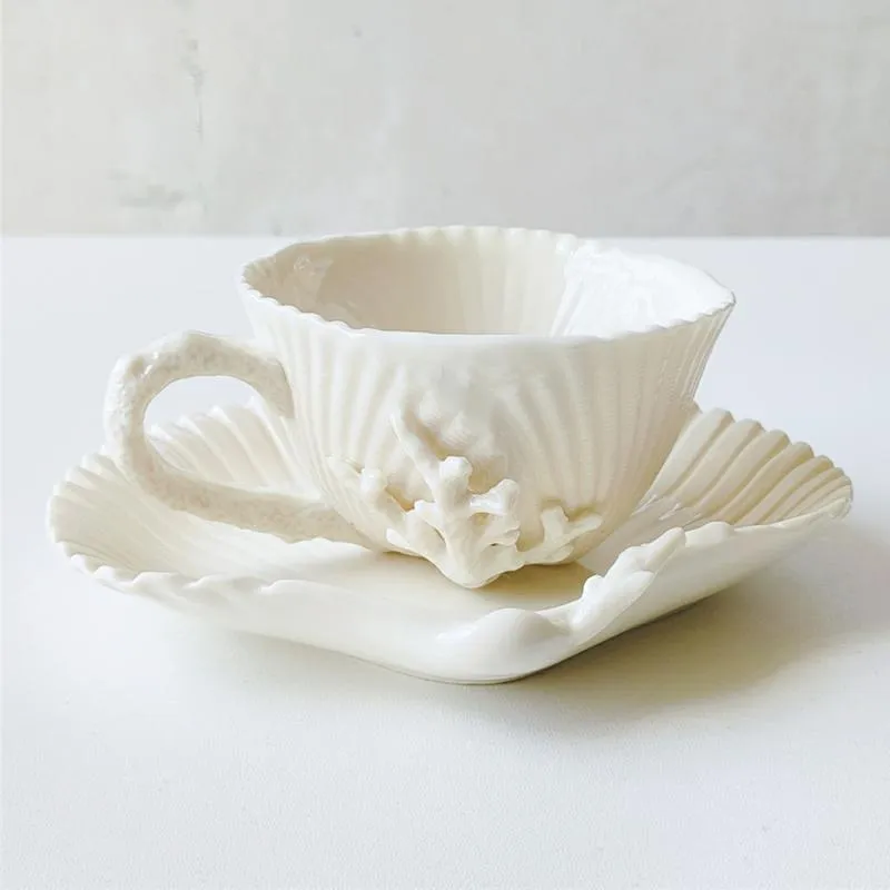 Cups & Saucers High-end Coral Shell Relief Coffee Cup And Saucer Ceramic Afternoon Teacup Creative Porcelain Tazas De Cafe292V