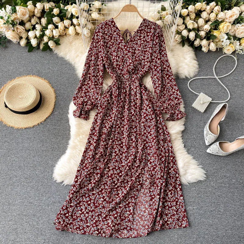 French Spring Summer Women's Floral Chiffon Dress Femme Robe Long Sleeve Fashion Sexy VNeck Vintage Dress Korean Clothing 210401