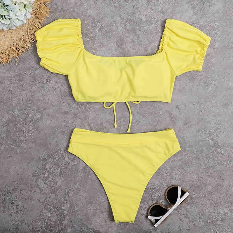 Bikini Set voor Dames Braziliaanse Biquini Hoge Taille Bikinis Badmode Korte Mouw Geel Badpak Badpak Strandkleding 210520