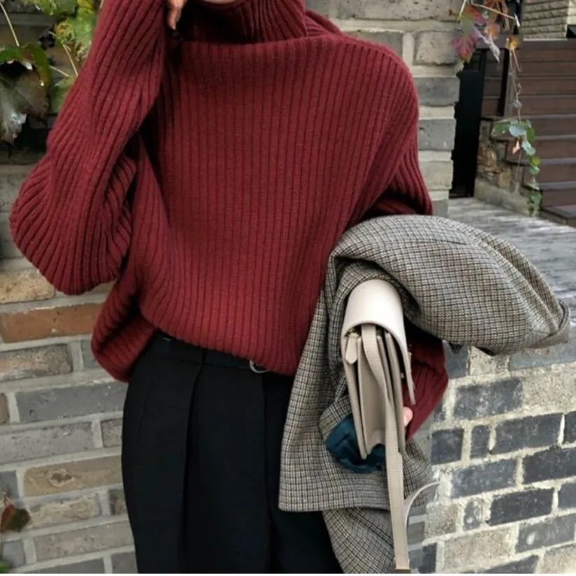 Turtleneck Streetwear Quente breve Vintage Loose Chic Pullovers All Match Casual Alta Qualidade Moda Blusas 210421