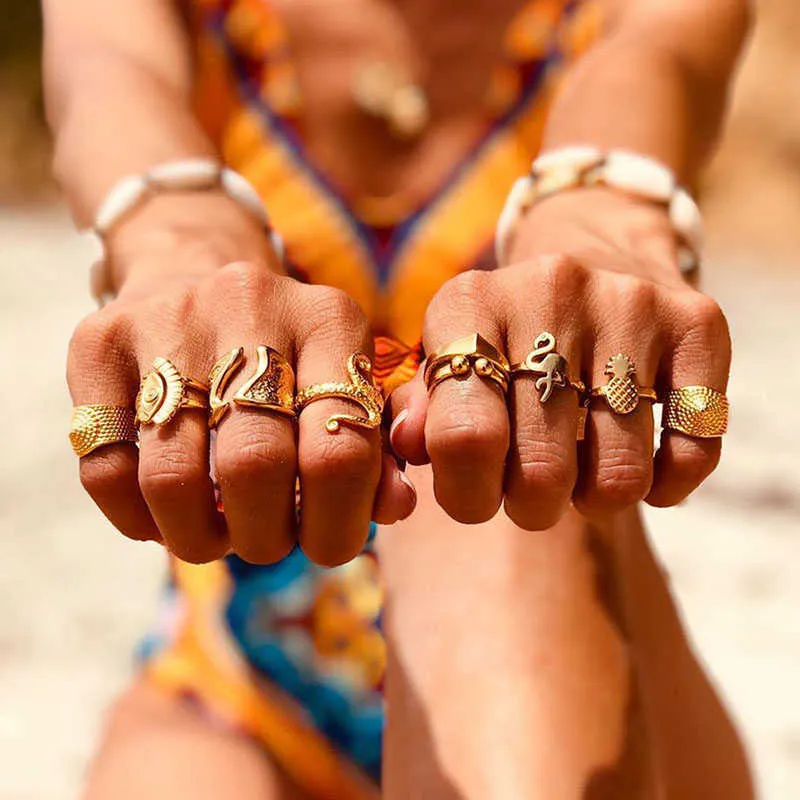 Anel de junta de metal de liga criativa para mulheres boémio abacaxi serpente 9 peça anel conjunto ouro cor moda jóias x0715