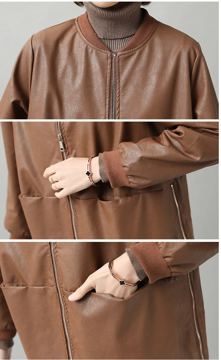Плюс размер осень прихождение женской пуховики свободного длинного пальто полного рукава молнию мандарин воротник Office Lady C97805K 210416