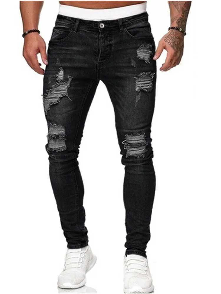 5 sorters färg jeans herr Skinny jeansbyxa manlig sliten streetwear manlig hip-hop hål scratch jeans blå grå penna byxor storlek X0621
