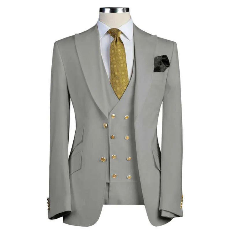 3 Parça Slim Fit İş Takım Elbise Erkekler Için Feuded Yaka Damat Smokin Moda Ceket Ile Pantolon Kruvaze Havalandırma Düğün Kostüm X0909