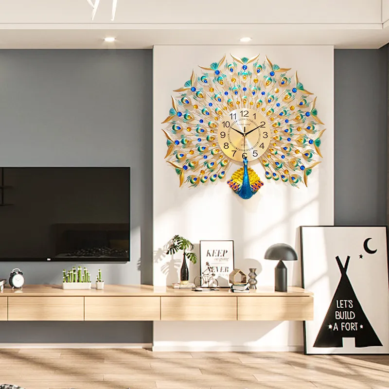 Europe horloges Creative cristal paon décor grande horloge pour salon décorations murales en métal 210414