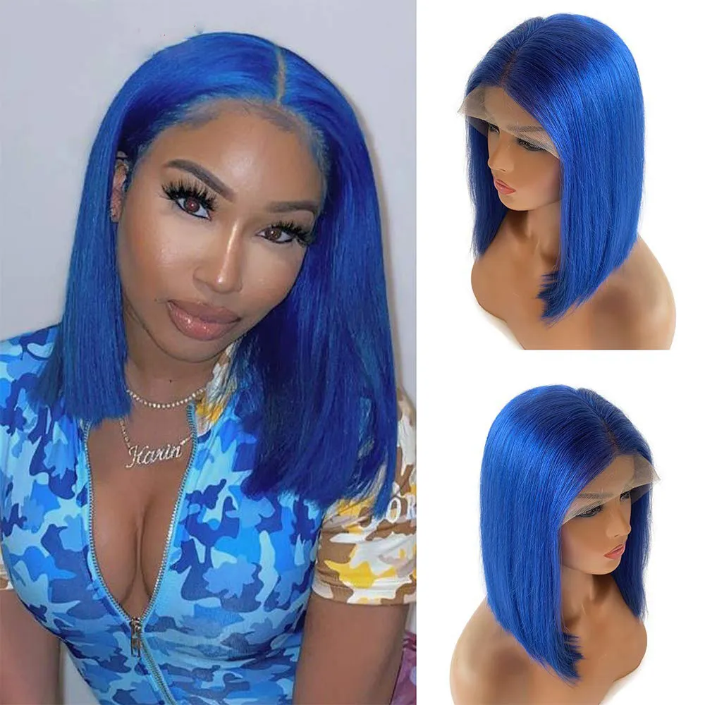 Couleur bleu droite Bob perruque courte 13x4 dentelle avant perruques de cheveux humains partie centrale vierge brésilienne