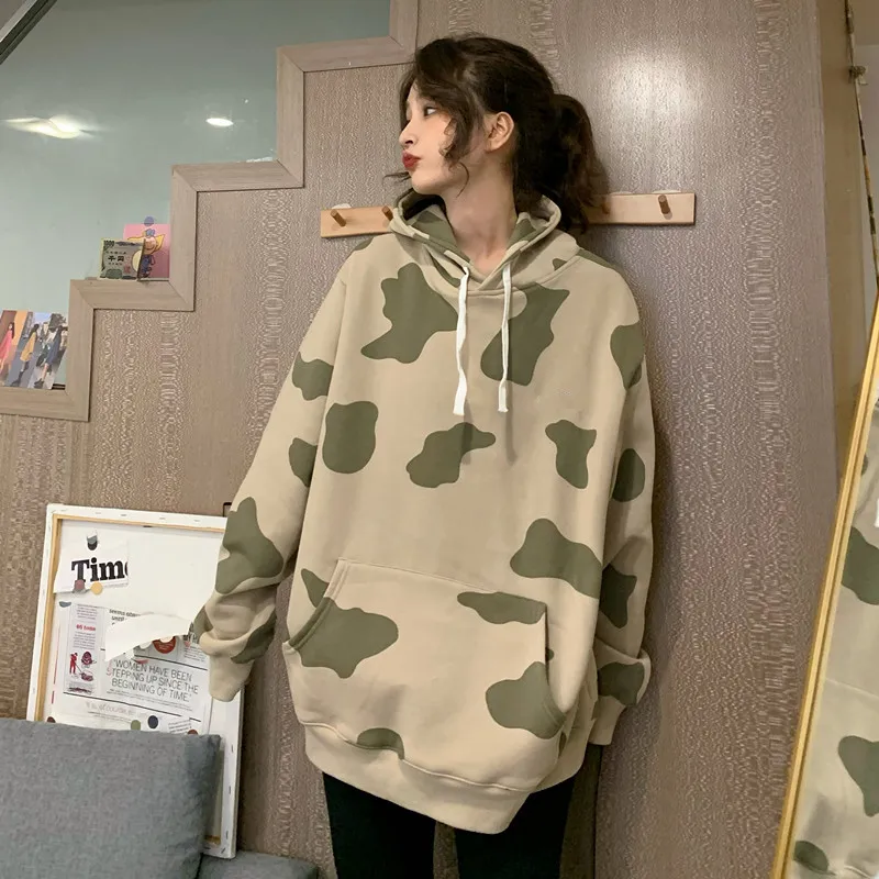 Kobiety Oversize Drukowane Krowy Streetwear Jesień Cartoon Bluzy Kurtka Z Długim Rękawem Bluzy 11827 210508