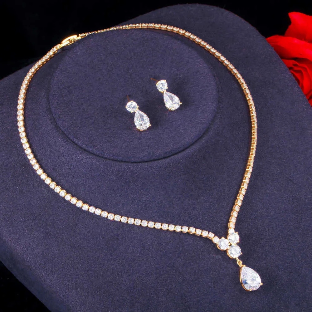Pera délicat larme pendentif Afican or CZ pierre mariée fiançailles fête ensembles de bijoux pour femmes collier et boucles d'oreilles J445 H1022