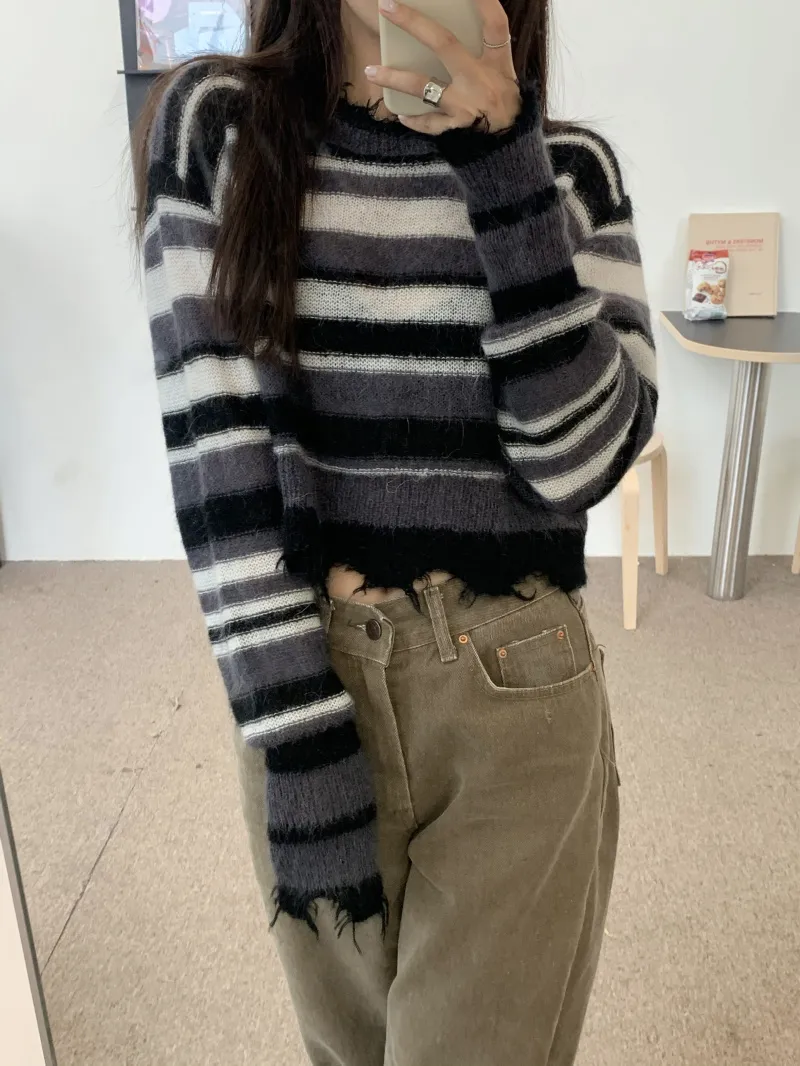 Jumpers Pullovers Thin Loose Long Sleeve O Neck Striped Knitted Sweater Irregular Hole Korean Chic Sweet Crop Tops Pull Gentle 210429