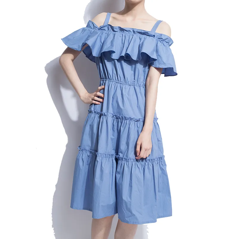 Rose Bleu Blanc Bretelles Spaghetti Épaule Froide A-ligne Robe Midi À Volants Japonais Doux Été D0905 210514