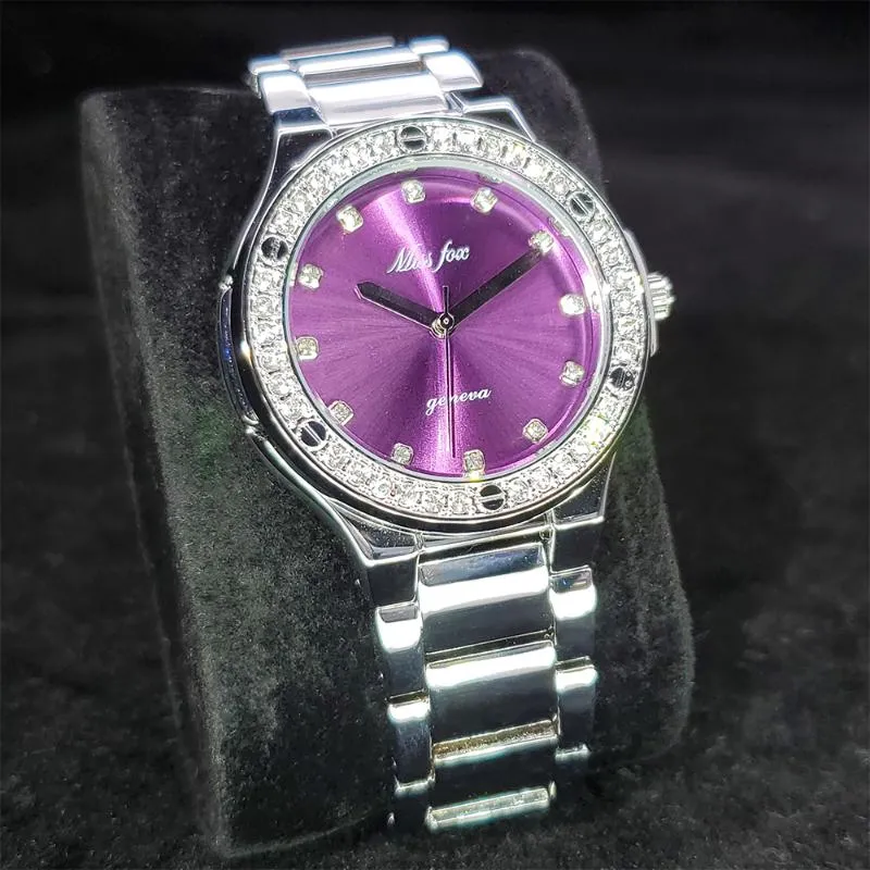 Montres-bracelets Missfox Platinum Purple Cadran Dames Montre Voyage Party Pograph Montres Femme Cadeau Acier inoxydable Étanche Femmes Wr3286