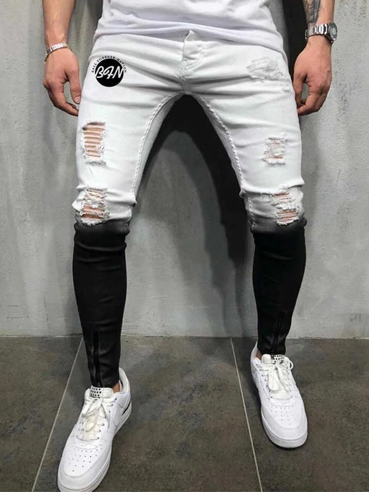 Springtime Mäns Skinny Stretch Ripped Male Jeans Slim Fit Denim Trousers Streetwear Gradient Vit Svart Jogging Jeans Men X0621