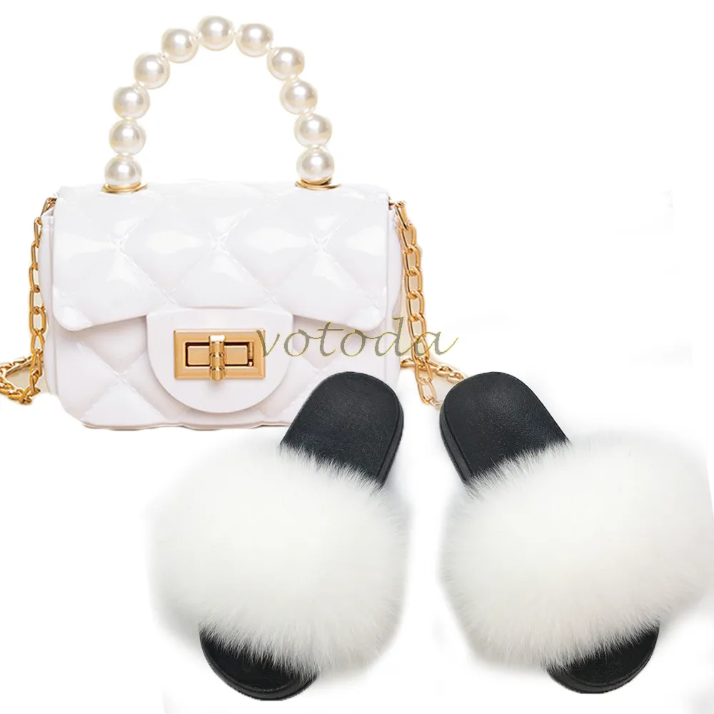 Meninas Fullfy Pele Chinelos Fullfy Fullfy Peles Furry Slides Child Rainbow Geléia Sacos Pérola Chain Bolsa Crianças Crianças Bonito Pele Sapatos Saco Saco 922