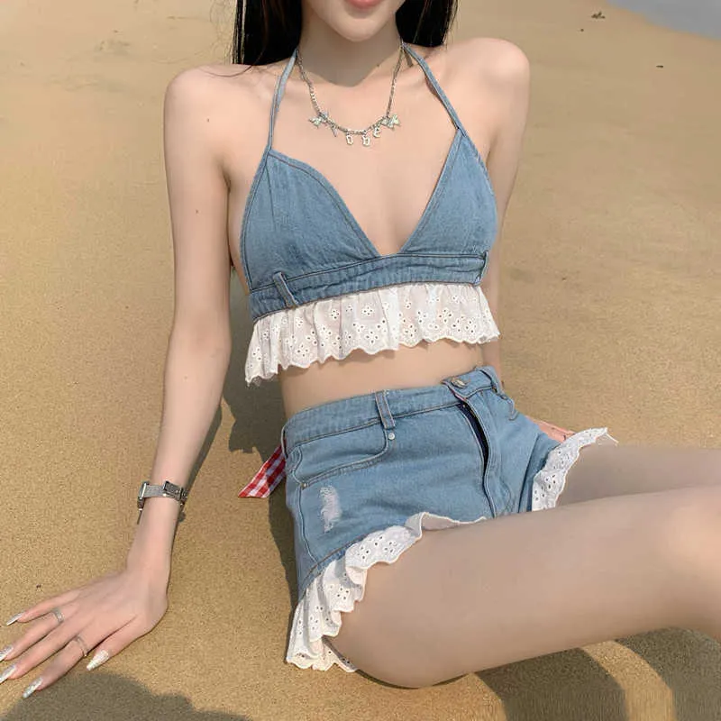 PERHAPS U Summer Beach Sweet Sexy Two-Piece Set V-Neck Lace Up Lace Denim Camisole Tops Frayed Jeans Shorts T3037 210529