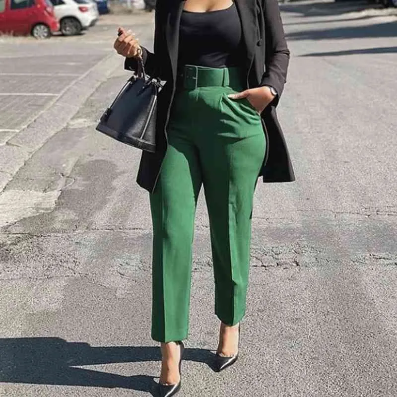 女性の高いズボンの腰ベルトエレガントなオフィスレディースファッション作品女性控えめな緑のピンクの黄色の大きさアフリカ210416