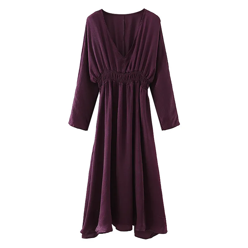 Roxo vestido de cetim mulheres outono v neck manga longa midi mulher elástica cintura elástica flared hems elegantes senhoras es 210519