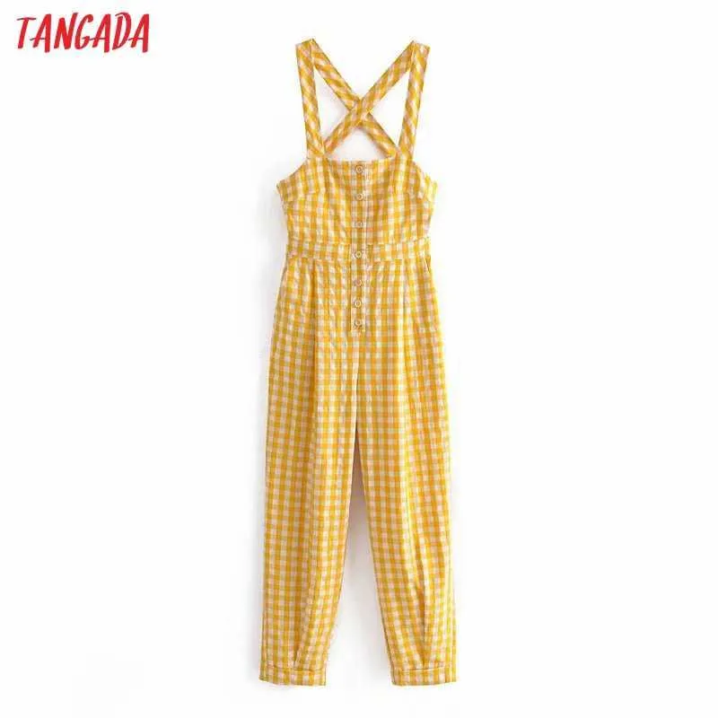 Tangada verano mujer amarillo tartán estampado espalda descubierta mono largo sin mangas mujer Sexy playa mono QN87 210609