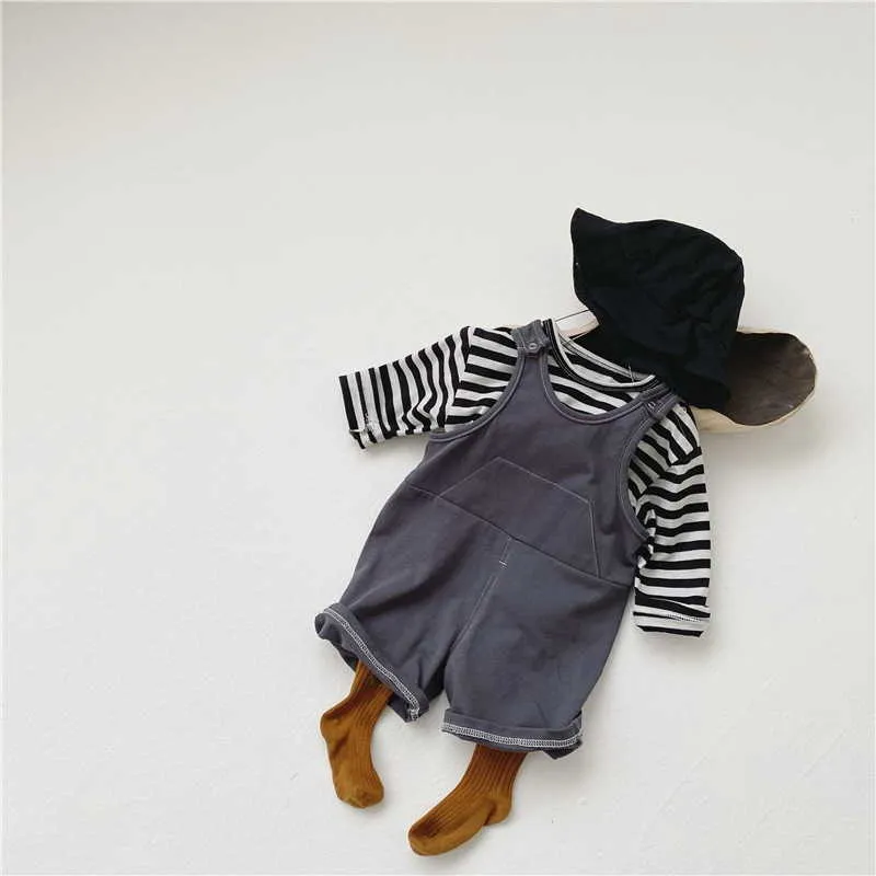 Wholesaleスプリング韓国風赤ちゃん2  -  PCSセットストライプロングスリーブTシャツ+オーバーオール子供服E5038 210610