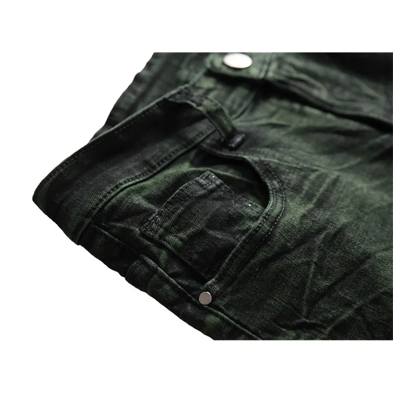 Men's Green Hip Hop Biker Jeans Vernietigd Fry Sneeuwvlokken Slim Fit Denim Broek Elastische Streetwear, 6671