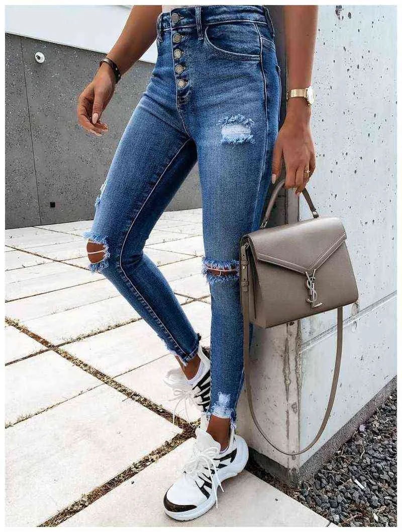 Style européen et américain Dames Casual Mode Jeans Taille Haute Confortable Stretch Wash Femmes Denim Pieds Pantalon WS29 211129