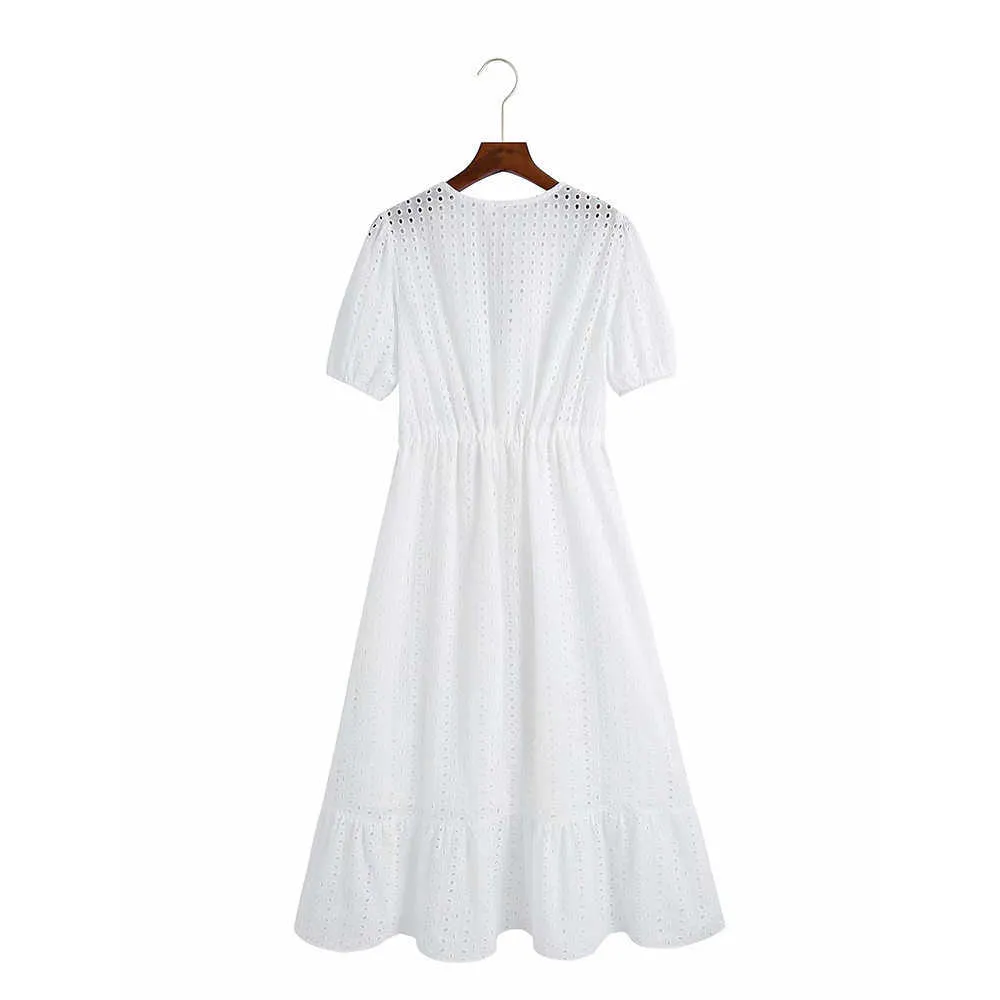 Women Summer White V-Neck Dress Short Sleeve Buttons Bow Tie Casual Female Elegant Party A-Line Dresses Vestidos 210531