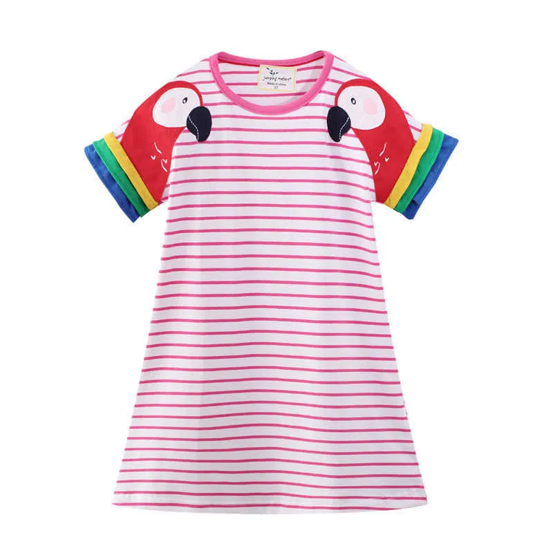 Jumping Meters Streifen Sommer Kinderkleider mit Vogelapplikation Niedlicher amerikanischer Stil Baumwolle Prinzessin Mädchen Kleid Kleidung 210529