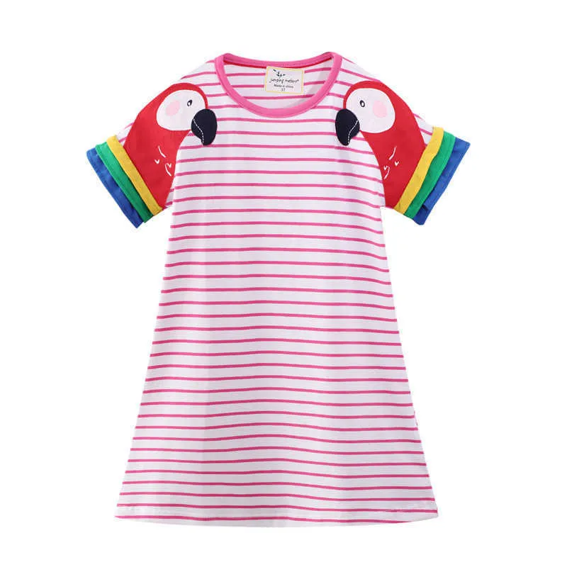 Springende meter streep zomer kinderen jurken met vogel applique schattige Amerikaanse stijl katoen prinses meisjes jurk kleding 210529