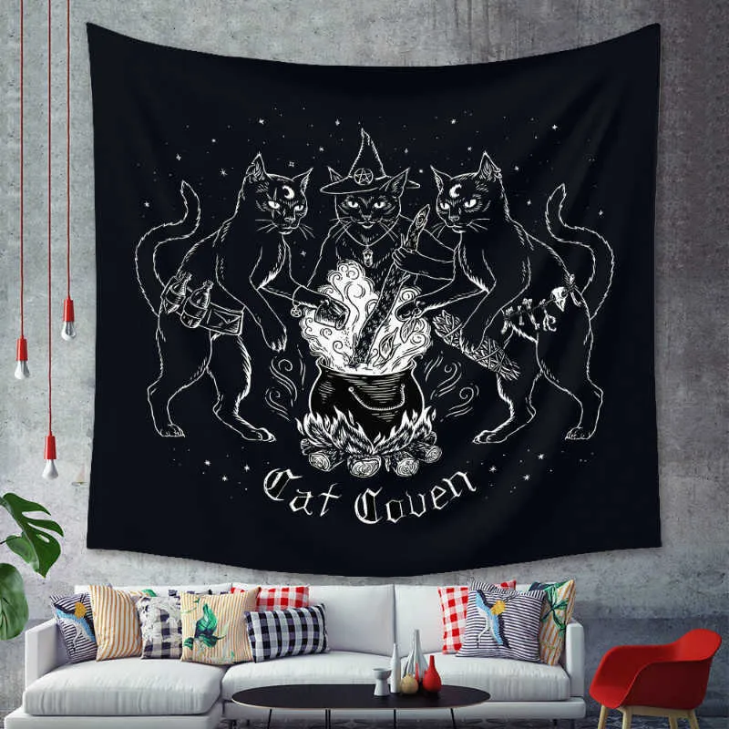 Pentagrama Bandeira de Satanás Tarô Gato Preto Tapeçaria Pendurada Mão Hippie Lua Lobo Bruxaria Decoração Tapeçarias Cobertor de Parede9255109