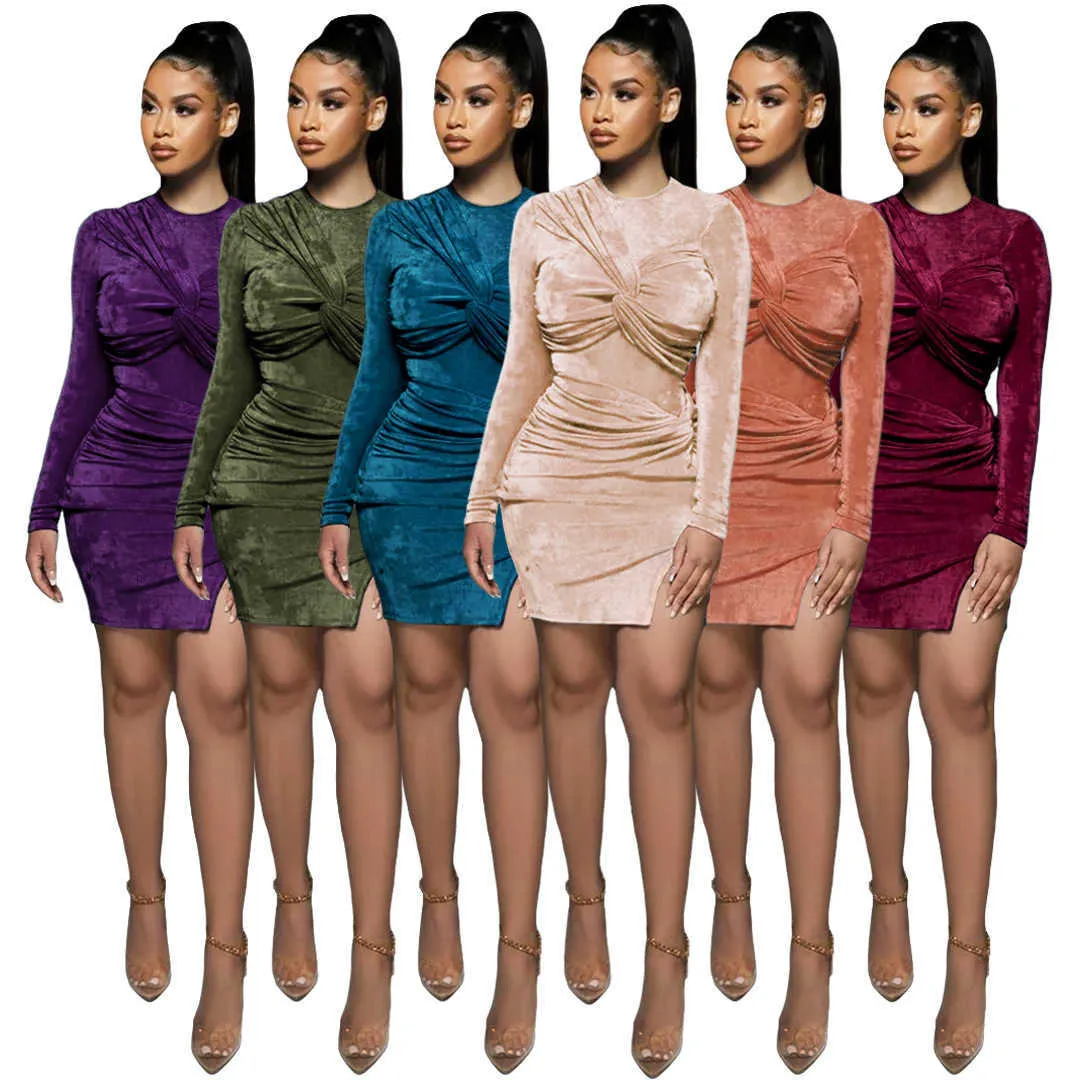 Moda Elbise Kadınlar Için Kadife Rahat O-Boyun Uzun Kollu Bodycon Mini Kleid Etek Kol 2 Parça Set Yığılmış Kadife Elbiseler