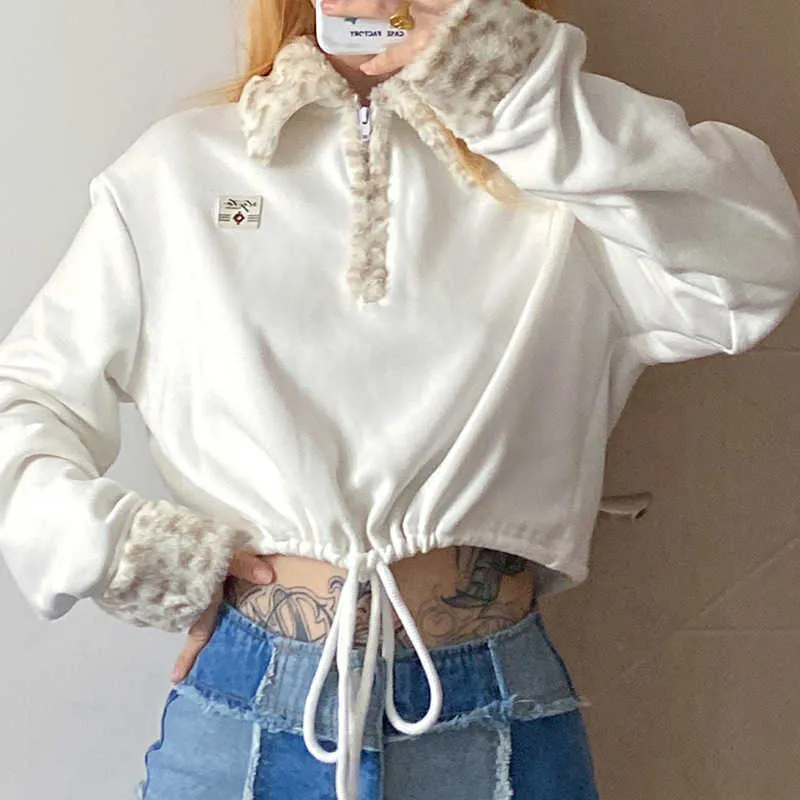 Léopard imprimé polaire collier crop top femmes automne manches longues blanc cordon sweat-shirt femme taille mince fermeture éclair chaud pull 210709