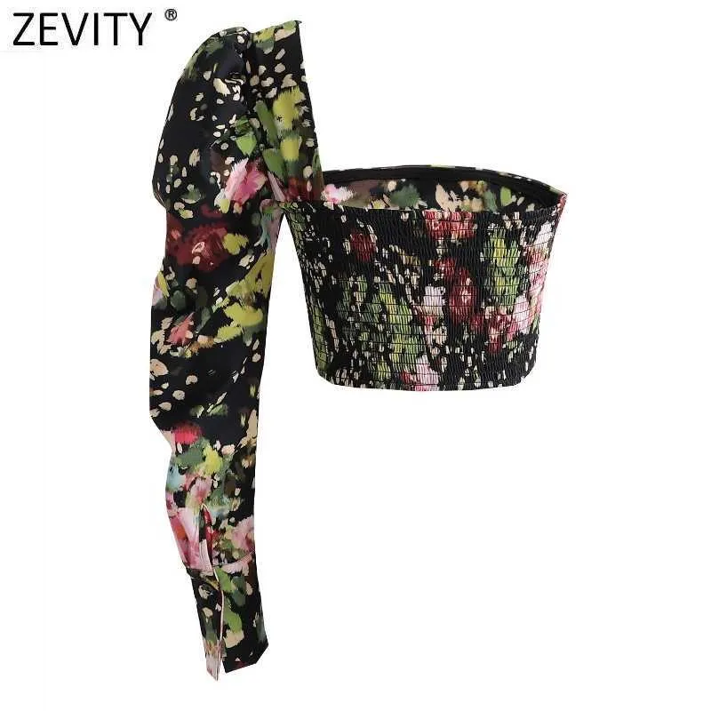 Zevity Women Sexy Single Puff Sleeve Floral Print Slim Blus Kvinna Back Elastisk Kort Skjorta Chic Short Blusas Toppar LS9014 210603