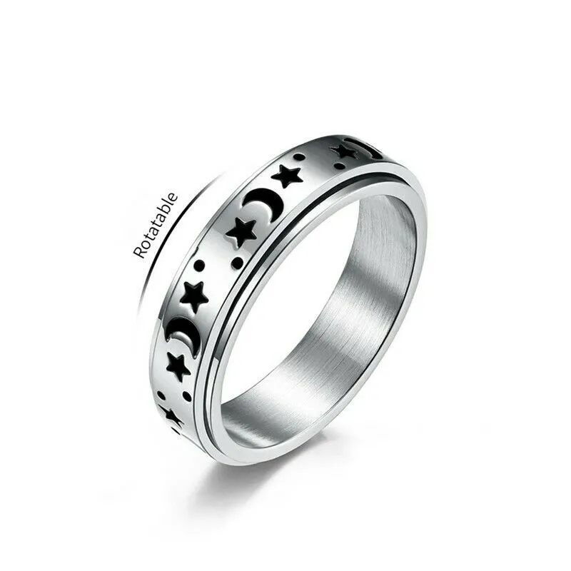 6mm en acier inoxydable lune étoile Spinner bande anneau exquis noir émail anneaux pour femmes hommes fête de mariage fiançailles bijoux cadeau 3000940