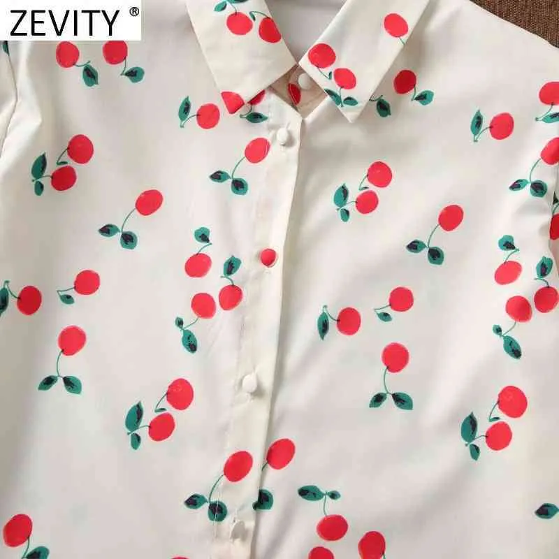 Vrouwen Sweet Cherry Print Casual Smock Blouse Office Dames Plooid Puff Sheeve Gespen Shirt Chique Blusas Tops LS9144 210420