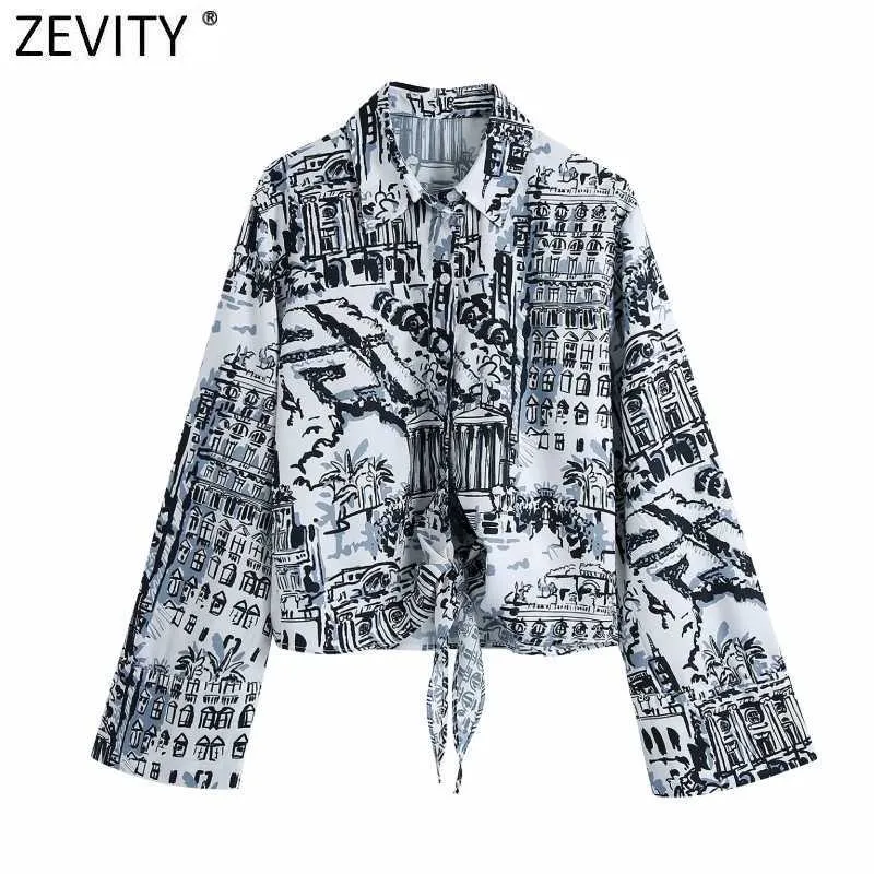 Zevenity vrouwen vintage handgeschilderde afbeelding afdrukken casual shirt vrouwelijke zoom strik kimono blouse roupas chic chemise tops ls9067 210603