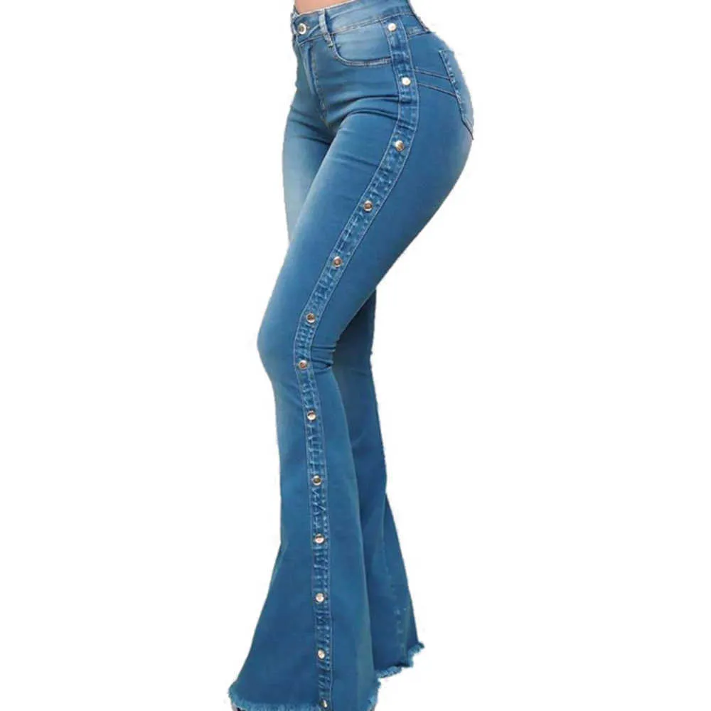 Femmes Denim Flare Pantalon Dames Sexy Mode Mince Taille Haute Maigre Jambe Large Jeans D'été Poche Long Pantalon Pour Femme D30 210809