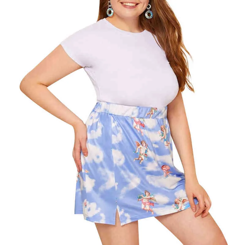 6Xl 5Xl Plus Size Mini Corset Women Skirt Blue And White Skirt Angel Baby Clouds Printed Large Lady Rubber Band Waist Skirt D30 G220309