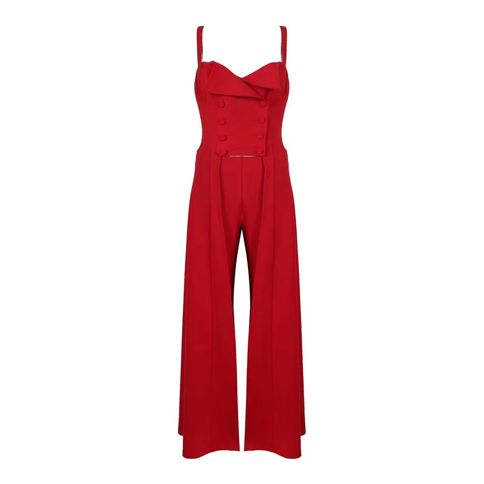 Free Women's Red Elegant Party Jumpsuit Sexy Spaghetti Strap Sans Manches Double Breasted Loose Flare 210524