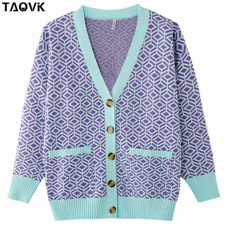 TAOVK Women's Knitted Sweater Diamond Pattern Single-breasted Buttons Loose Casual Knit Cardigan Sweater 211217