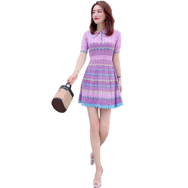 2021 Sommarsträcka smal randig stickad klänning jacquard bohemia tröja klänning streetwear rosa kortärmad stickad tröja klänning g1214