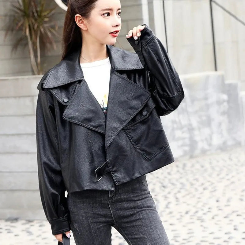 Autumn Women Faux Leather Jacket Motorcycle Biker Punk Loose Casual Female Streetwear Outwear 210423