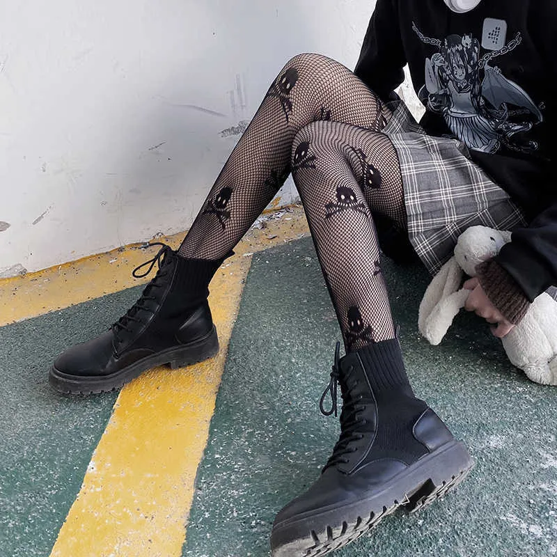 Siyah Fishnet Çoraplar Gotik Punk Stil Tayt Fishnet Örgü Kafatası Baskı Tasarımcısı Korsan Cadılar Bayramı Fantezi Elbise Parti Çorap X0521