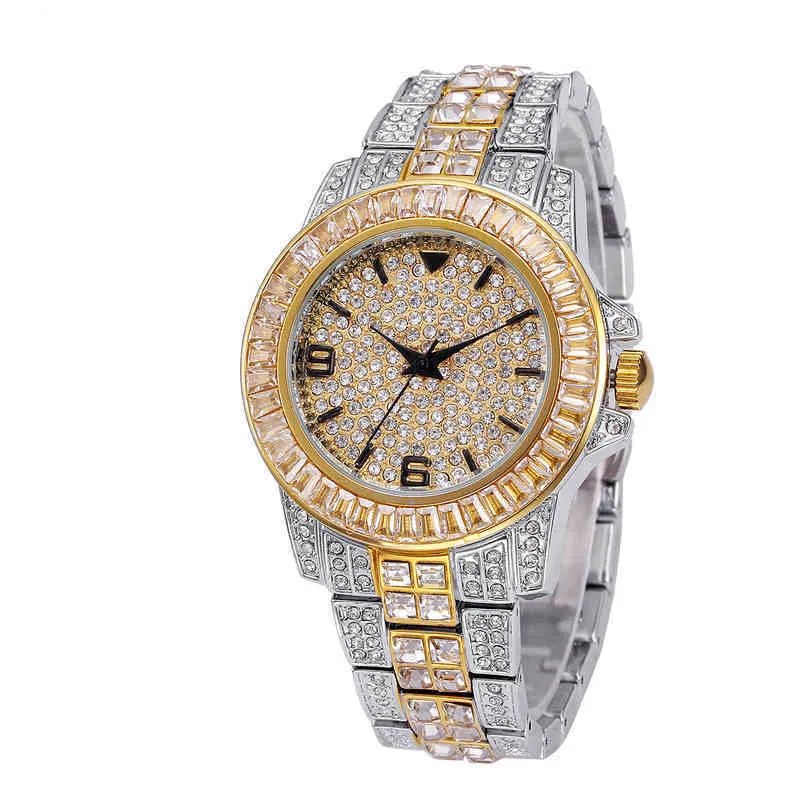 Montre-bracelet de luxe pour hommes, cristal scintillant, couleur or argent, Quartz glacé, étanche, bijoux Hip Hop, 282b