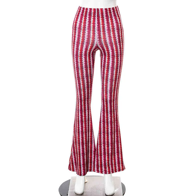Femme Casual Flare Pantalon Y2K Taille Basse Stripe Imprimer Élégant E-girl Streetwear Pantalon De Survêtement Femme Slim Long Pantalon D'été 210517