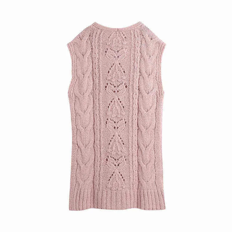 Evfer Women Casual V-Neck Sleeveless New Spring Pink Long Sweaters Chic Lady Fashion Za Knitted Slit Pullover Girls Cute Vest Y1110