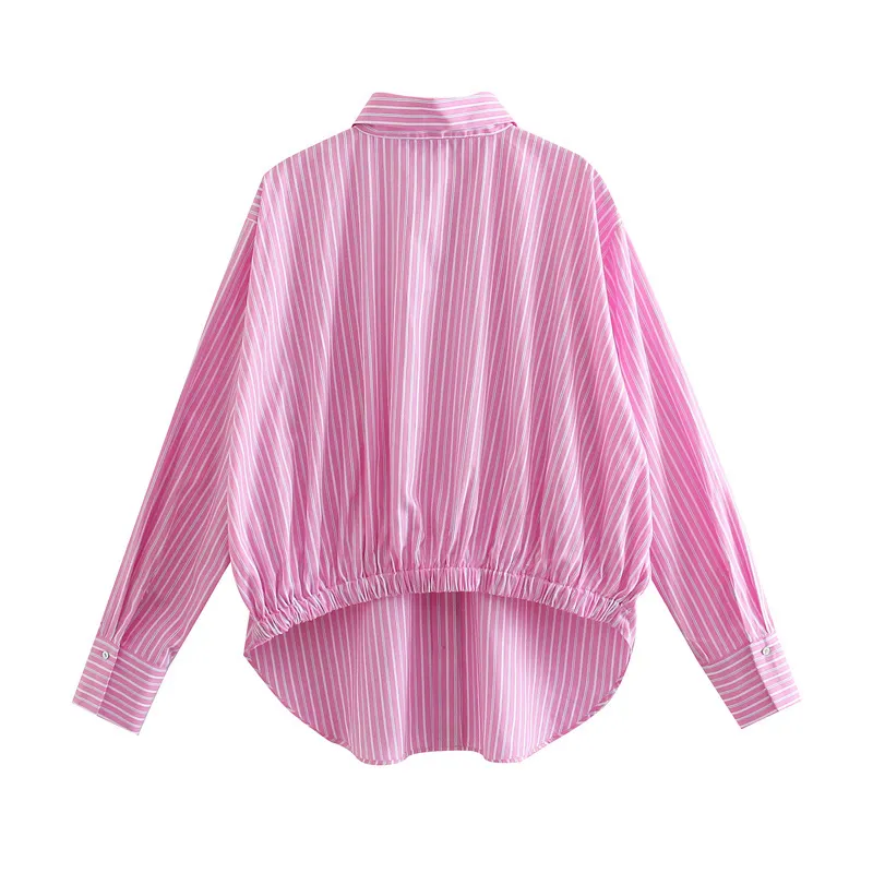 Sommer Mode Rosa Asymmetrische Gestreiftes Hemd Frauen Casual Streetwear Button Up Frau Langarm Zurück Elastische Tops 210430