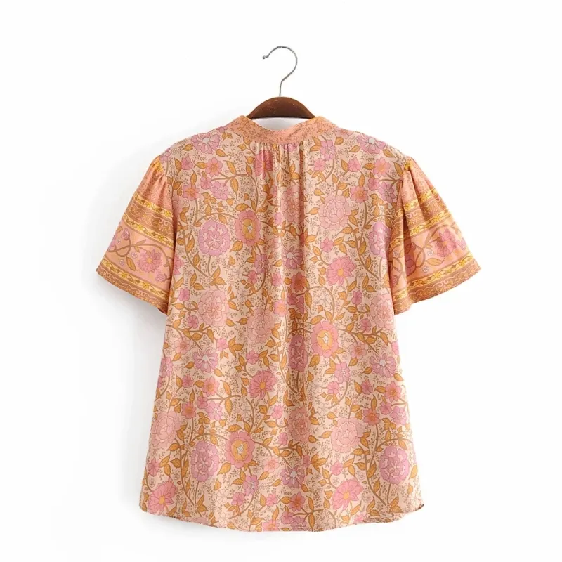 Primavera mujer flor impresión Puff manga camisa estilo étnico Smock mujer Stand Collar blusa señora suelta Tops Blusas S8590 210430