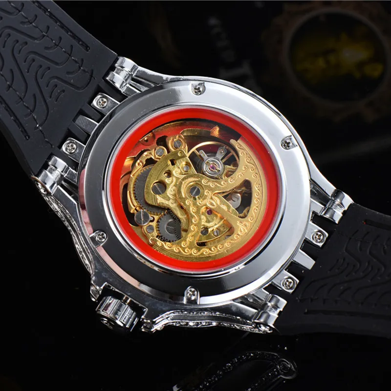 Męskie zegarki mechaniczne automatyczne ruchy Watch Clear Back Wysoka jakość lodowanej obudowy Diamentowy pasek gumowy pasek Wodoodporny 236L